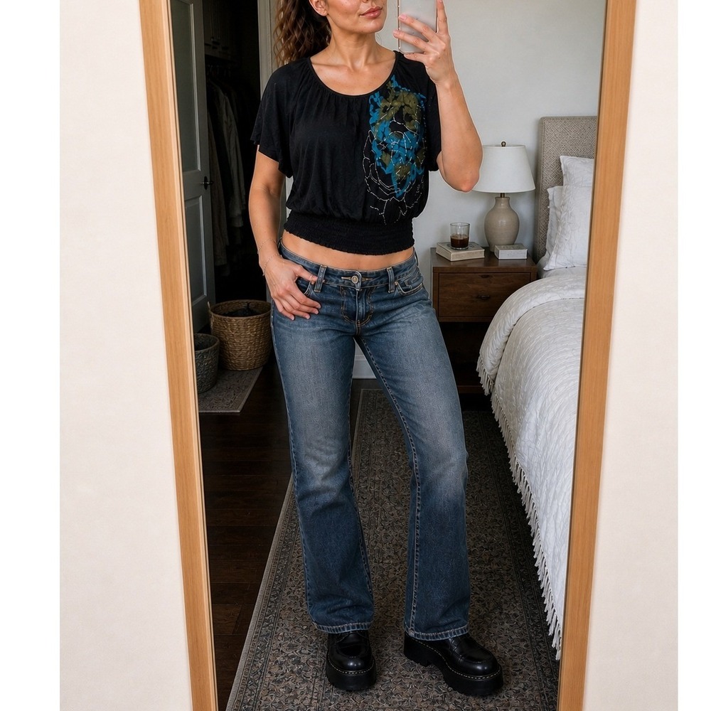 Y2K Ginger G Womens‎ Graphic Top L Black Floral Smocked Hem Grunge Boho Indie